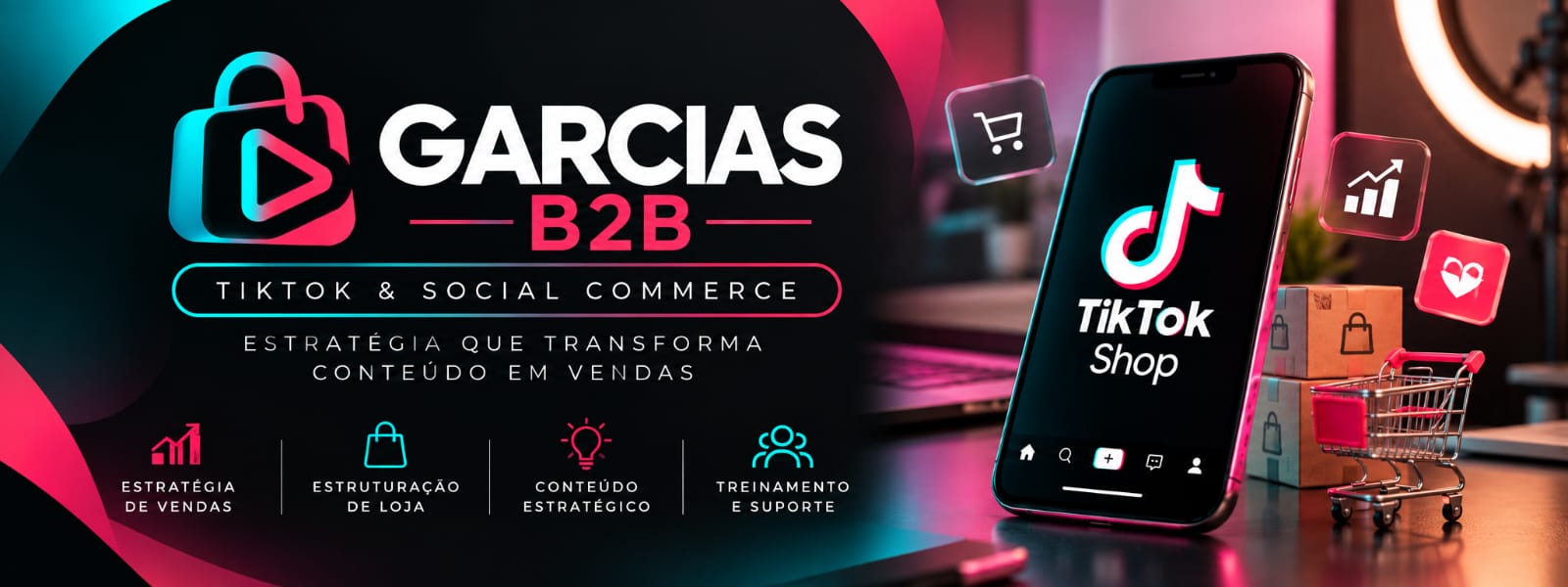 Celular com TikTok Shop aberto, caixas de produtos e carrinho de compras